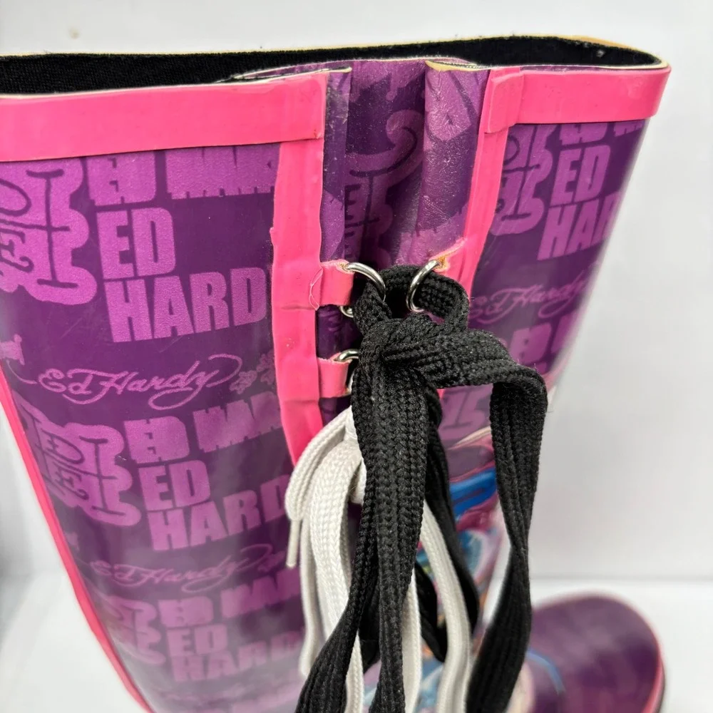 VTG Y2K Ed Hardy Women 6 Rain Boots Purple Pink Tattoo Print Love Kills slowly